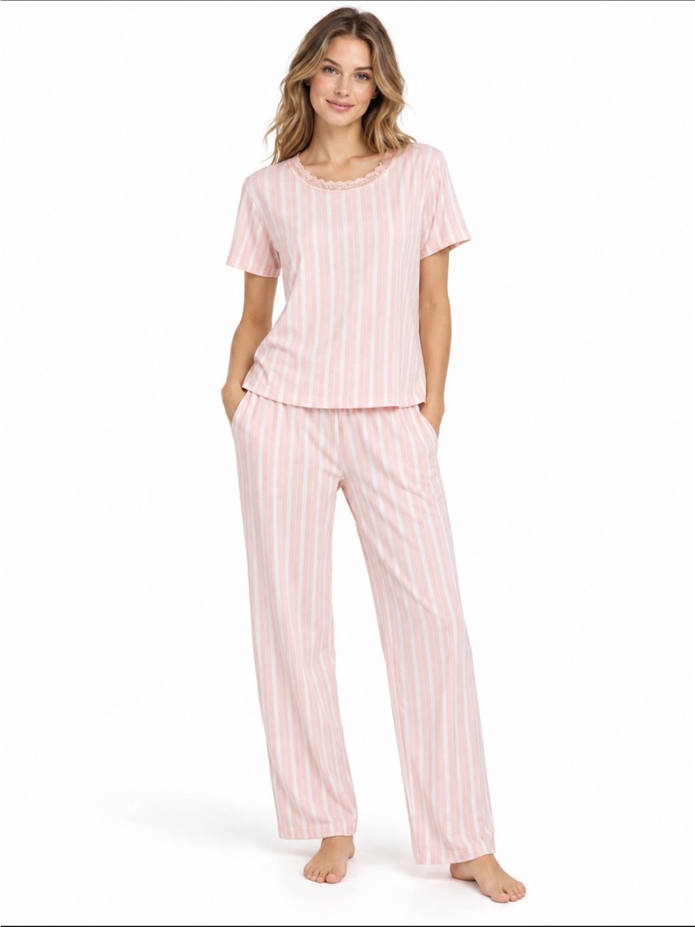 Flora Nikrooz Women’s Pink and White Short Sleeve Pajama Set with Pockets 😍